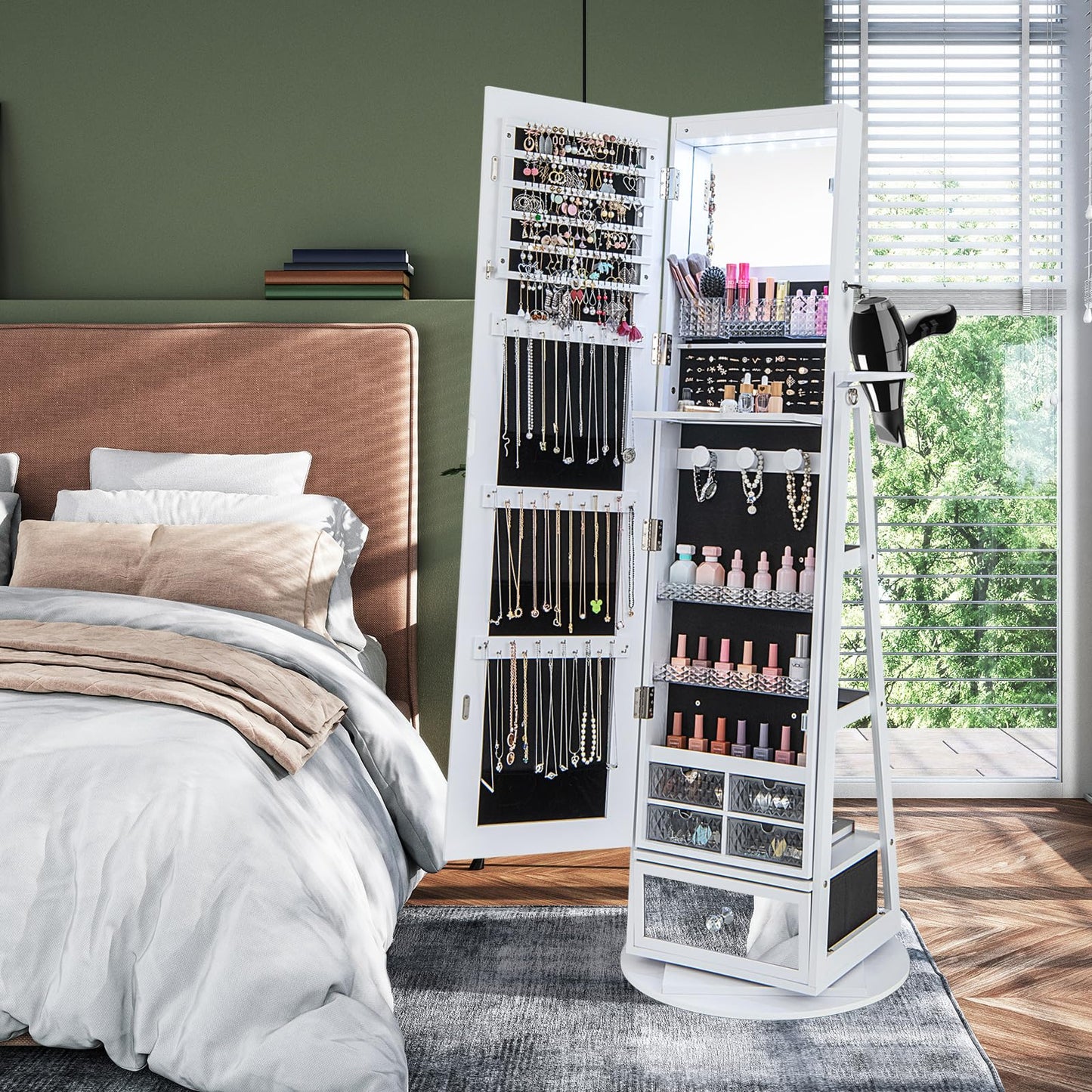 Byroce 360° Rotating Jewelry Armoire with Full Length Mirror, Lockable Jewelry Cabinet w/6 LED Lights, Hairdryer Rack, Rear Storage Shelves & Bottom Drawer, Standing Jewelry Organizer (White)