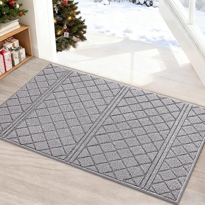 REFETONE Indoor Doormat, Front Back Door Mat 20"x32" Rubber Backing Non Slip Mats, Absorbent Resist Dirt Entrance Rugs for Entryway, Washable Low-Profile Inside Floor Mat for Muddy Wet Shoes, Grey