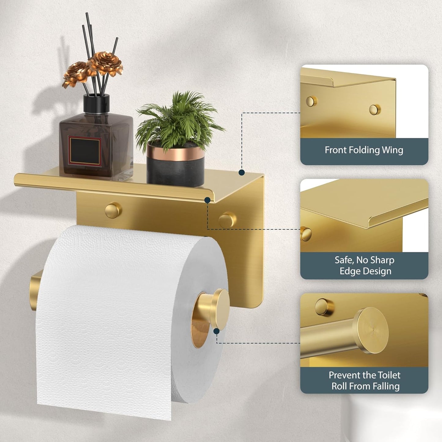 Toilet Paper Holder with Shelf, Adhesive or Screw Wall Mount Toilet Paper Roll Holder for Bathroom, 304 Stainless Steel Commercial Toilet Tissue Roll Dispenser with Phone Shelf (Brushed Gold)