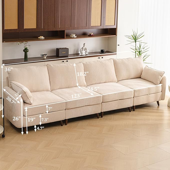 Rexulqo 135'' Modular Sectional Sofa with All Seats Storage,Oversized 4-Seater Comfy Cloud Couches with 7.8'' Thick Cushion,24.5'' Deep Seat,Big Couch for Living Room,Bedroom,Velet,Cream