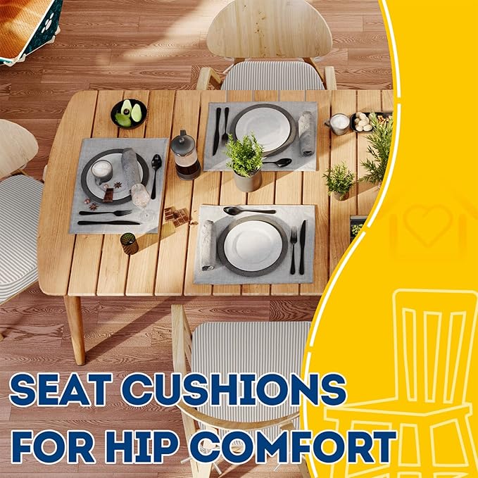 AAAAAcessories D-Shaped Chair Cushions, 2" Thick Dining Chair Pads with Ties and Removable, Machine-Washable Cover, 17" x 16", Set of 8, Natural Sand Pinstripe