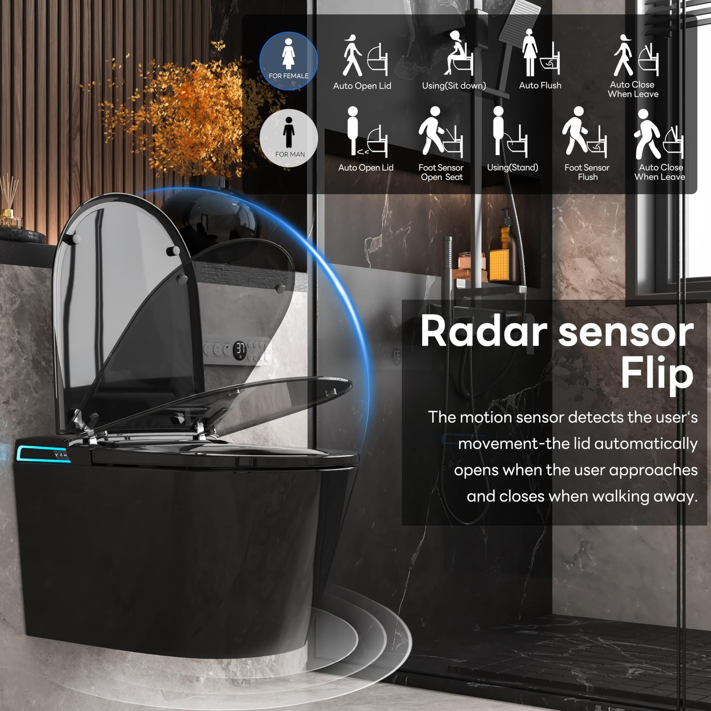 SmartSylva Black Smart Wall Hung Toilet Combo,Auto Flush, Auto Open/Close LId,Heated Seat,Warm Water/Dryer, Modern Elongated Bidet Toilet with In wall Carrier (No need to buy an additional Water Tank)
