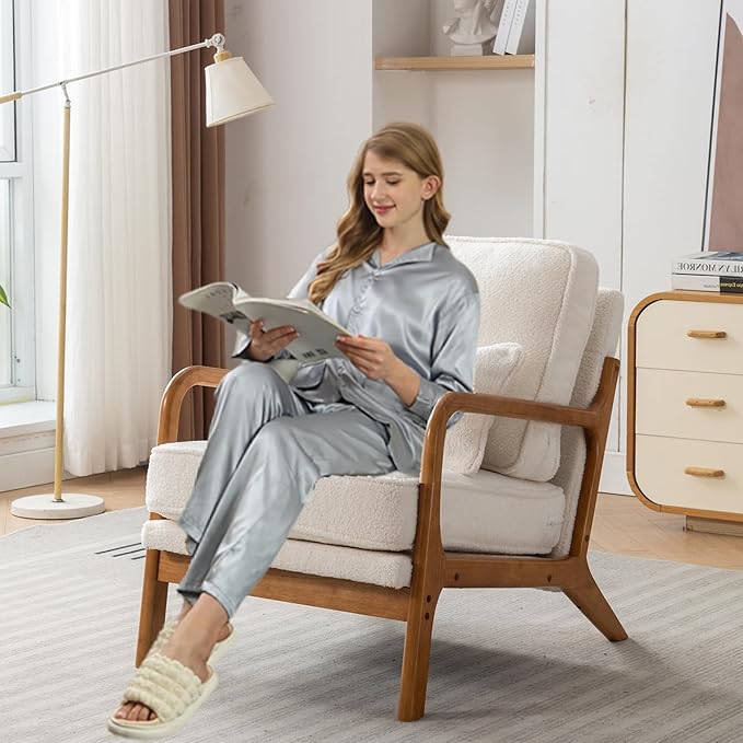 SEYNAR Mid-Century Accent Chair,Sherpa Fabric Lounge Chair with Wide Armrest,13-16.5'' Low Seat Height Armchair with Lumbar Pillow & Solid Wood Frame for Living Room, Bedroom, Balcony(Cream White)