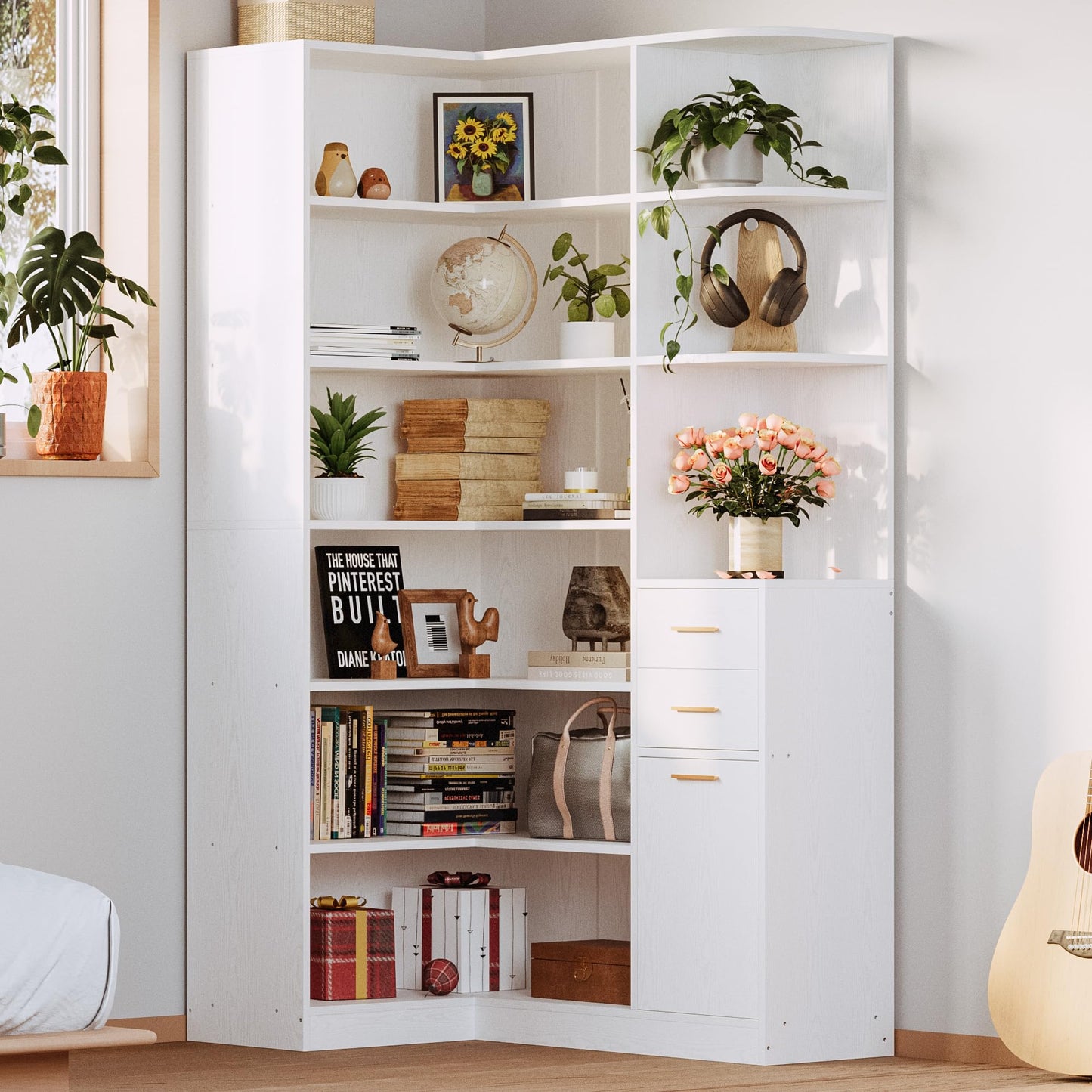 IRONCK Corner Bookshelf and Bookcase with 2 Drawer and 10 Open Shelves, 76.8" Height L Shaped Storage Shelf Corner Combination, for Living Room Home Office, Modern White