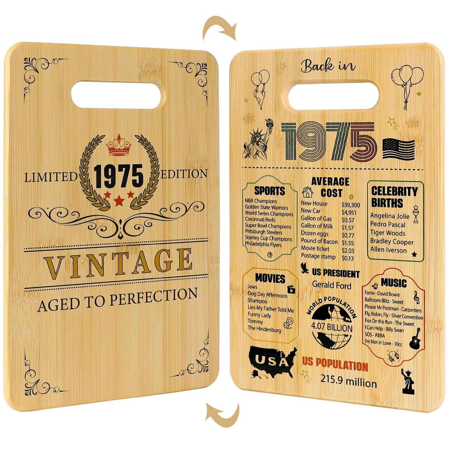 50th Birthday Gifts for Her Him - Back In 1975 50th Birthday Decorations Gifts for Women Men 50 Year Old Gift Double sided Cutting Board for Woman Man 50 th Bday gift ideas