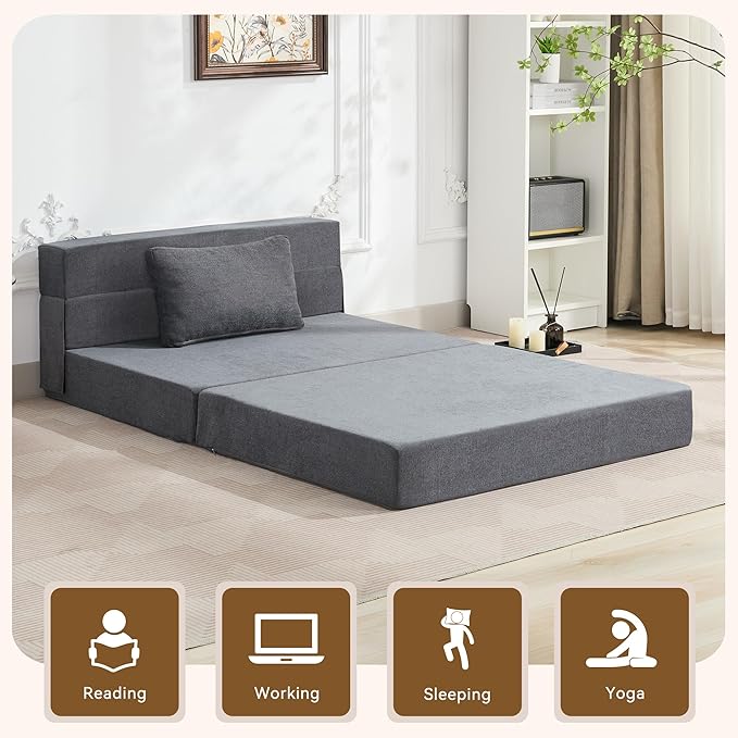 WUTUTUEE Folding Sofa Bed Convertible Floor Couch Foldable Chair Bed with Pillow，Linen Sleeper Chair Futon,Foldable Memory Foam Mattress for Bedroom/Living Room/Dorm/Office (Dark Grey, Standard)