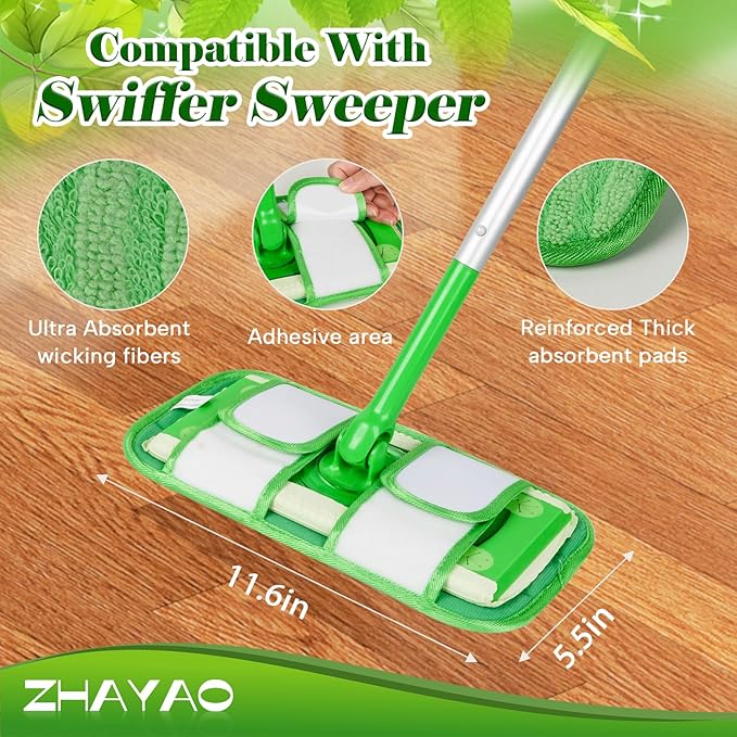 Reusable Pads Compatible with Swiffer Sweeper Mops, 2 Pack Washable Microfiber Floor Pad Refills, Wet and Dry Flat Cover for Surface/Hardwood Floor Cleaning (Mop Not Included)