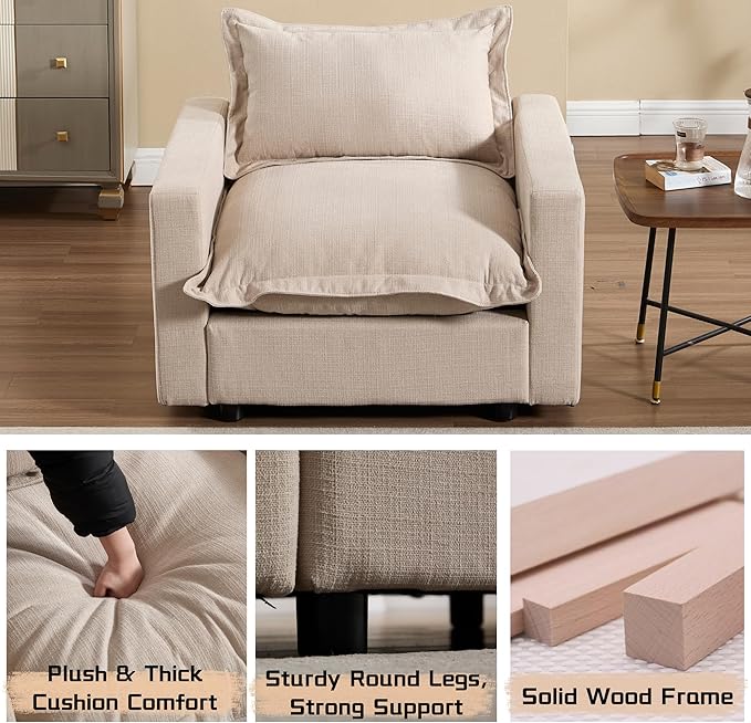 chairus 97" Modular Sectional Sofa with 2 Movable Ottoman Upholstered Deep Seat Linen Couch Set with Soft Pillows U Shaped Sofa Couch for Living Room, Apartment, Reception Room, 3-Seater/Oatmeal