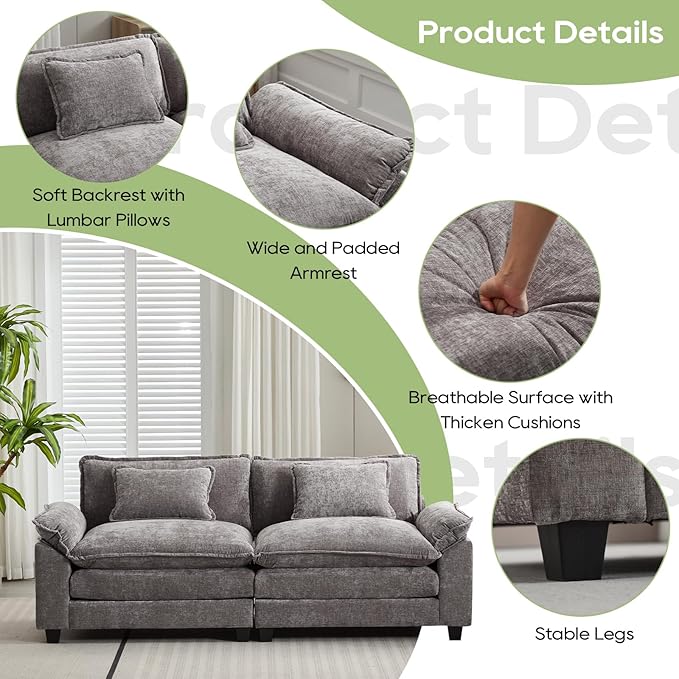 Oprisen 86" Modular Sectional Sofa, Comfy Cloud Couch Sectional Sofa with Ottoman, Chenille Sofa Sleeper Deep Seat Sofa with Throw Pillows for Living Room (Light Gray, 86"- Loveseat)