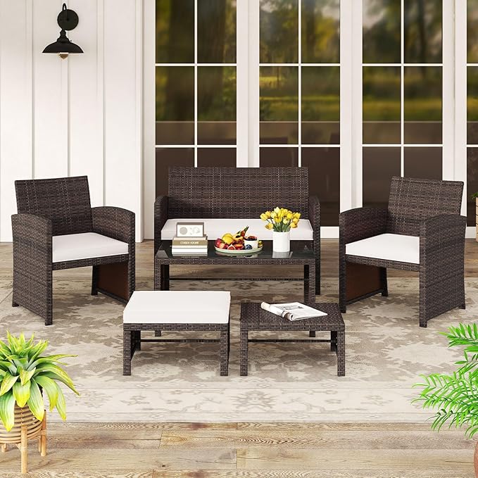 Tangkula 6 Pieces Patio Furniture Set, Outdoor Sectional Conversation PE Rattan Sofa Set with 1 Loveseat, 1 Coffee Table, 2 Armchairs and 2 Ottomans for Garden, Deck, Backyard and Poolside (White)