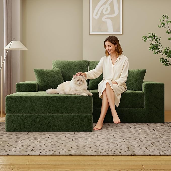 Cloud Modular Sectional Sofa, Comfy Boneless Couch for Living Room, Modern L-Shaped Couch with Reversible Chaise, Customizable Sleeper Sofa with Non Slip, No Assembly & Deep Seat, Green