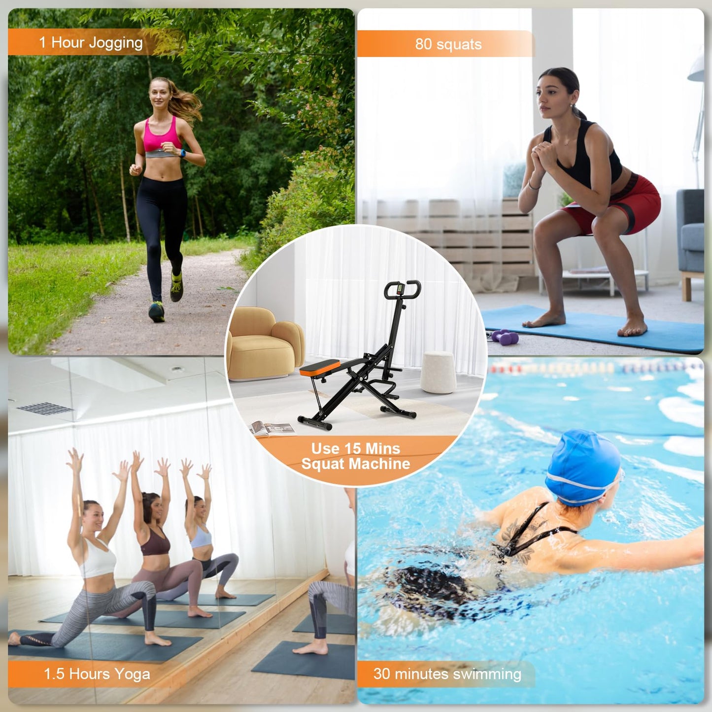 RIVANO Squat Machine, Ab Workout Equipment, 265lbs Loading Capacity Rowing Machines for Home Foldable with Adjustable Resistance Bands and Display, Exercise Trainer for Botty Butt Thighs, Black