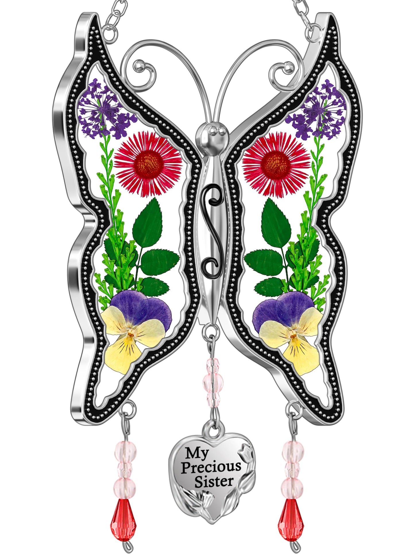KY&BOSAM Gifts for Sister Suncatcher Butterfly My Precious Sister Stained Glass Catchers for Window Hanging Wind Chime Real Flower Wings and Heart Charm Gift for Sister Mother`s Day Birthday Christmas