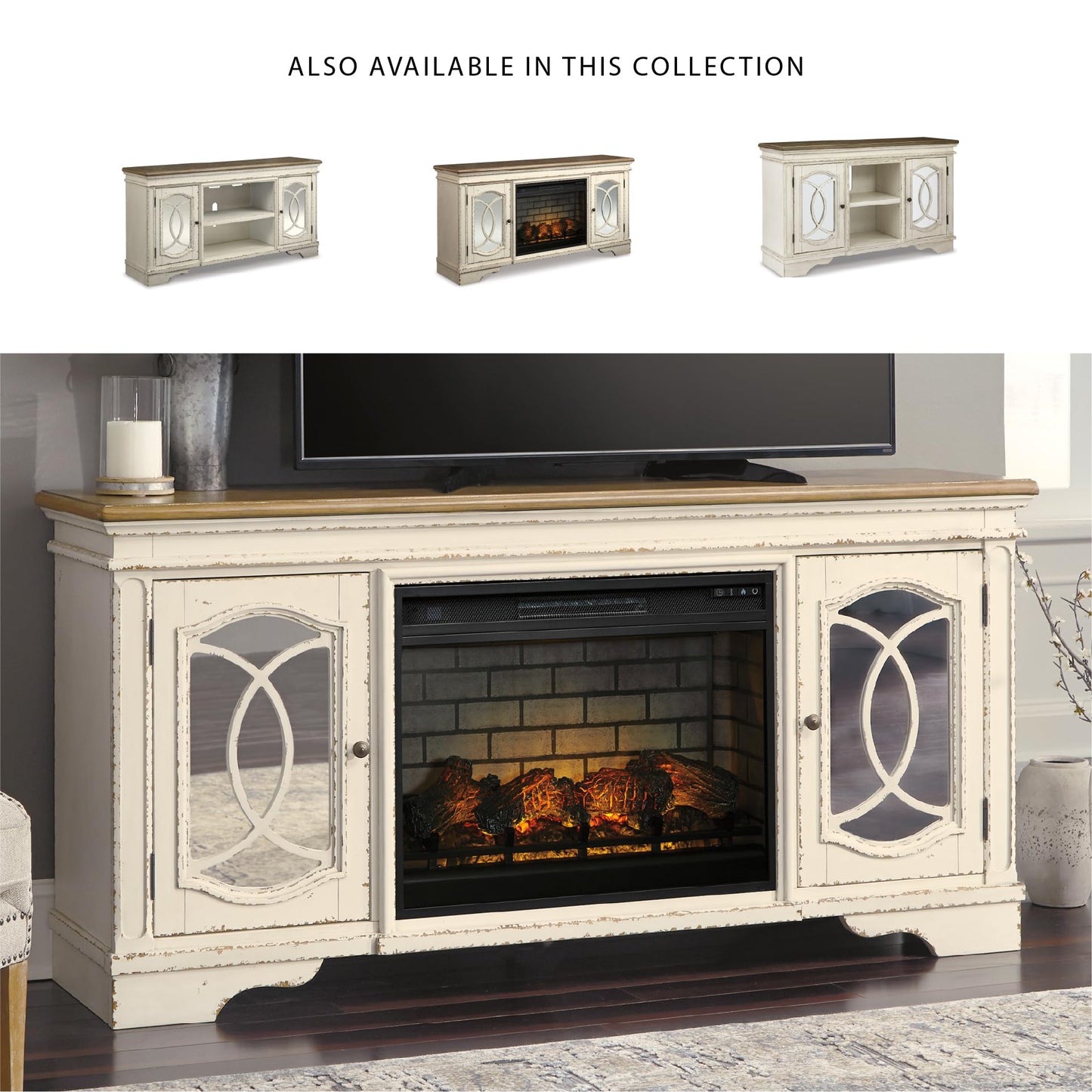 Signature Design by Ashley Realyn Vintage Casual TV Stand with Electric Fireplace, Heats Larger Rooms, Bronze Hardware, Wood, 74' Wide, White & Brown