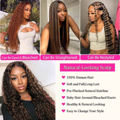 Vlusee 1B/30 Deep Wave Lace Front Wigs Human Hair Pre Plucked Balayage Ombre Brown Curly Lace Front Wig Human Hair13x4 HD Lace Frontal Glueless Wigs for Women 180% Density 26 Inch