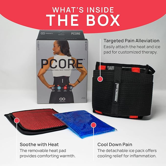 PRIMEKINETIX Pcore Dynamic Lower Back Support Belt - Adjustable Lumbar Brace for Pain Relief with Heat & Ice Therapy - Posture Corrector for Men Women - Breathable Core Support Belt, Size M