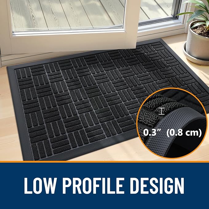 OLANLY Front Door Mat Outside Entrance 35x23, Absorbent, Heavy Duty Sturdy Natural Rubber Doormat Indoor Outdoor, Stain and Fade Resistant, Non-Slip Backing Low Profile Floor Mat for Entryway, Black