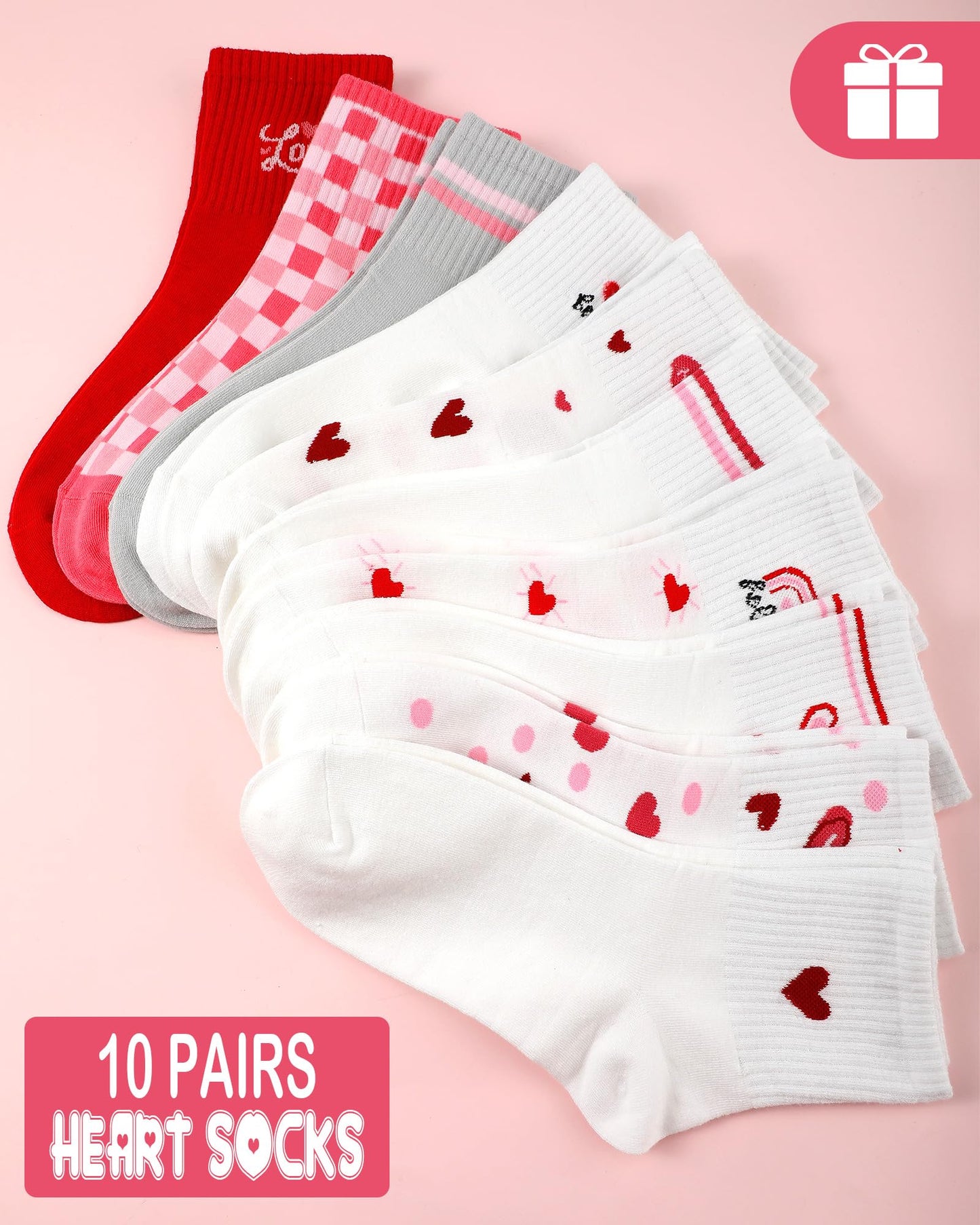 Shihanee 10 Pairs Women Heart Socks Cotton Soft Novelty Ankle Socks Bulk Cute Christmas Valentines Day Gifts, Red White Heart Pattern Striped Plaid,10 Styles