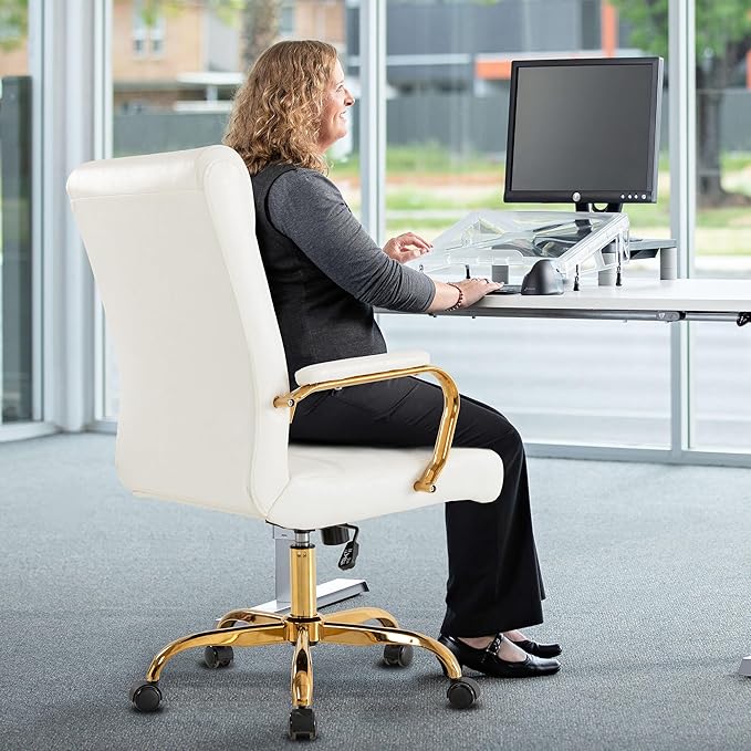BOWTHY White and Gold Office Desk Chair, Modern Leather Conference Room Chairs, High Back Ergonomic Home ofiice Chair, Adjustable Height Swivel Executive Computer Chair with Padded Seat and Armrest
