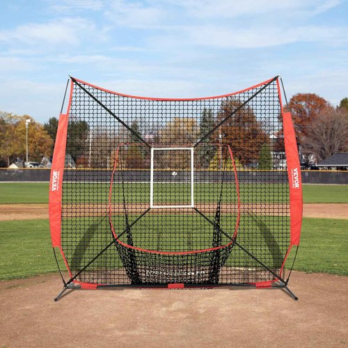 VEVOR 7x7 ft Baseball Softball Practice Net, Portable Baseball Training Net for Hitting Catching Pitching, Backstop Equipment with Bow Frame, Carry Bag, Strike Zone, 12 Balls, Tee, and Ball Caddy