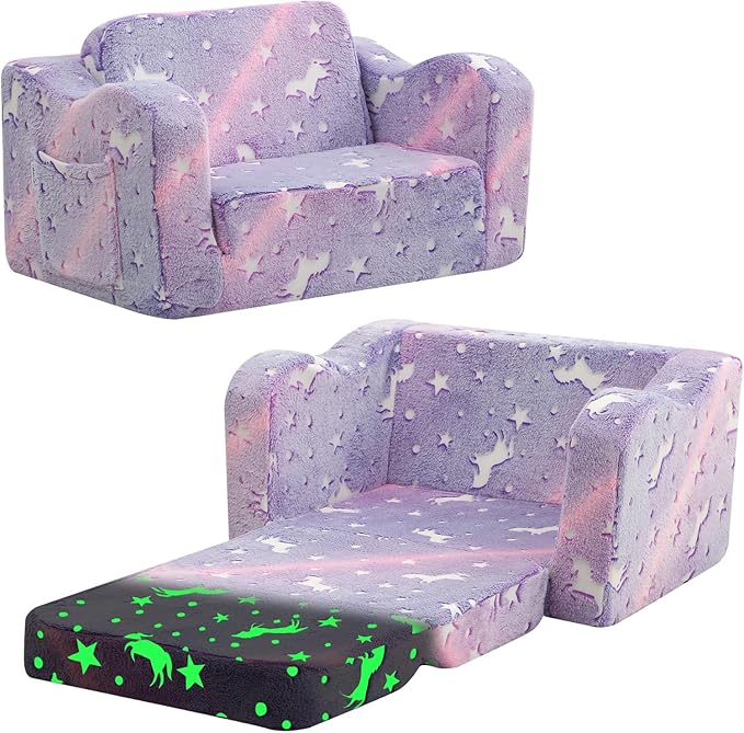 MeMoreCool Toddler Chair Comfy 1-3 Years Old, Kids Couch for Playroom, Convertible Glowing Unicorn Flip Out Sofa, Kids Furniture Floor Recliner Chair Bed