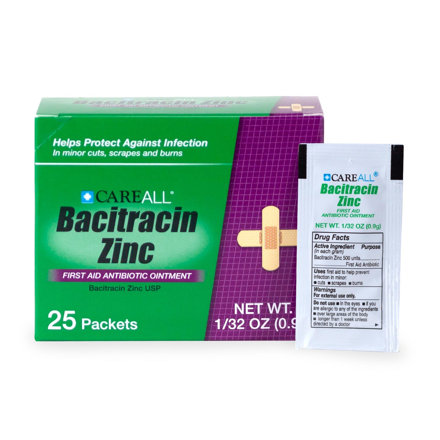 CareAll Bacitracin Antibiotic Zinc Ointment (25 Pack), 0.9gr Foil Packet. First Aid Ointment That Prevents Infections for Minor Cuts, Scrapes and Burns