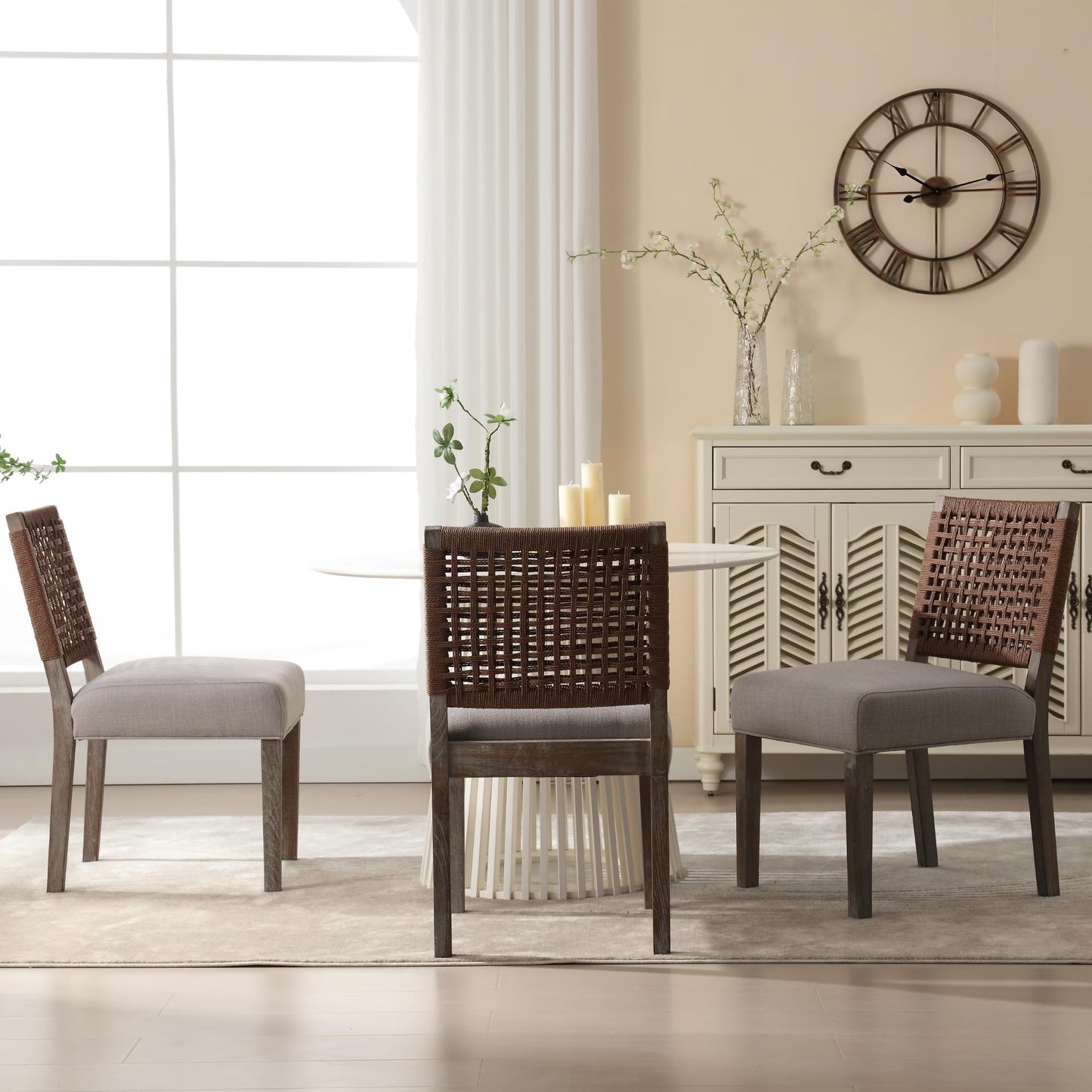 chairus upholstered Dining Chairs Set of 2, Farmhouse Dining Room Chairs Grey Kitchen Chairs with Low Woven Rope Back Wooden Side Chair for Kitchen Dinning Room Restaurant - Linen, Dark Grey