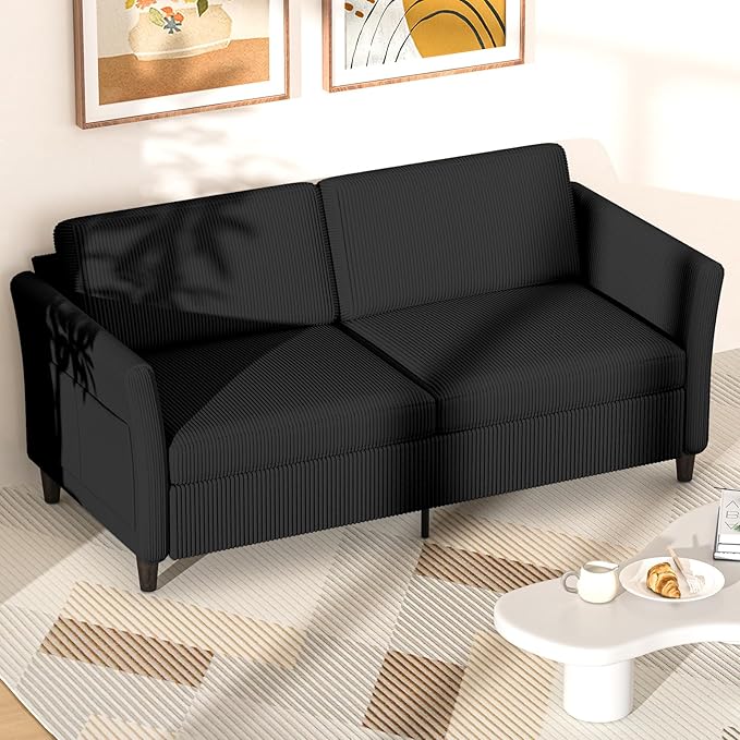 Valthie 79.1" Corduroy Loveseat Sofa, Modern Comfy Couches with Side Pocket, 3-Seater Sofa Couch for Living Room, Bedroom and Small Spaces,Black