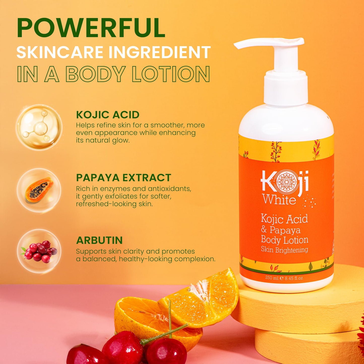 Koji White Kojic Acid & Papaya Body Lotion, Women Gift Sets for Exfoliating, Skin Brightening, Moisturizer, Radiance, Even Tone,