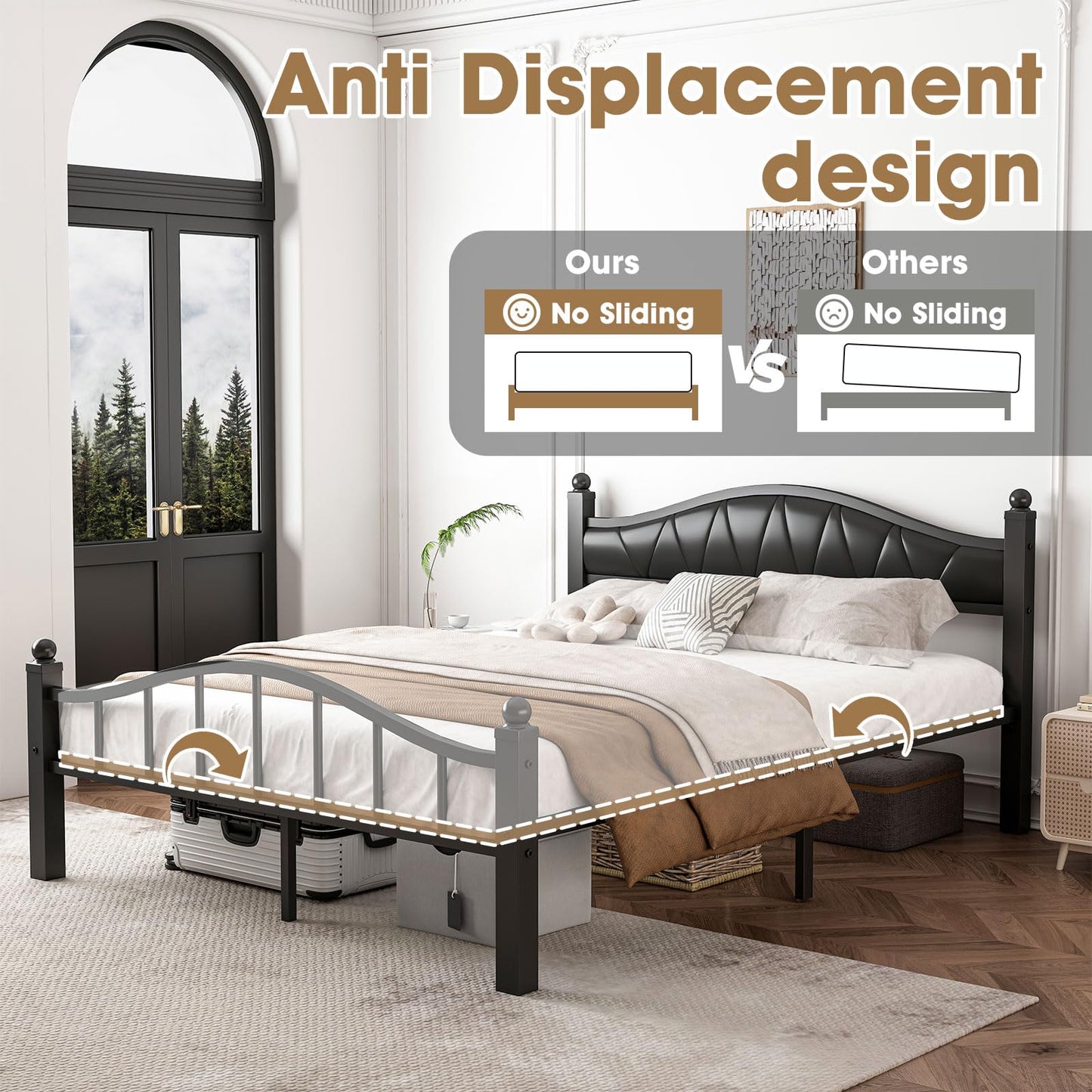 Bed Frames Queen Size with Headboard, Noise-Free Design Heavy Duty 1500lbs Support Tool-Free in 20 Min, No Box Spring Needed 12" Under Storage