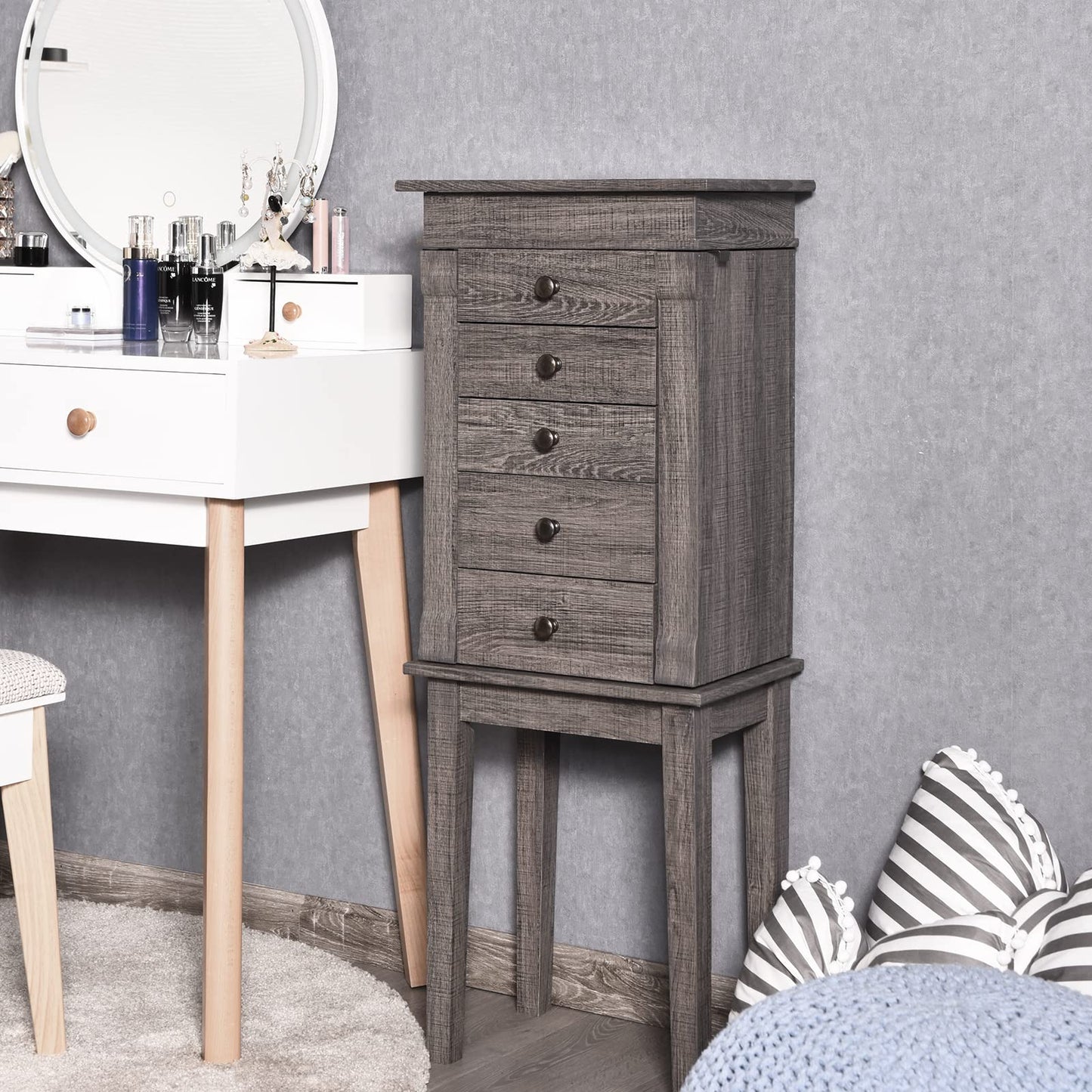 HOMGX 5 Drawers Jewelry Armoire Cabinet, Standing Jewelry Storage Chest with Mirror, 8 Necklace Hooks Wooden Jewelry Organizer, Bedroom Jewelry Furniture with 2 Side Swing Doors, Grey