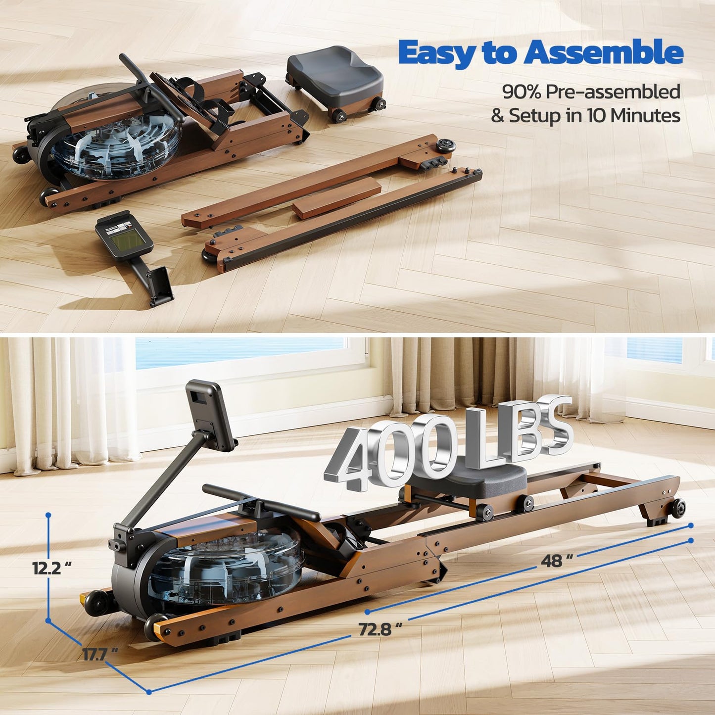 Dripex Water Rowing Machines for Home Use, Foldable Row Machine with 400LBS Weight Capacity, Rower Machine with Dedicated LCD Monitor, Comfortable Seat, Bluetooth App Compatible for Home Gym Exercise