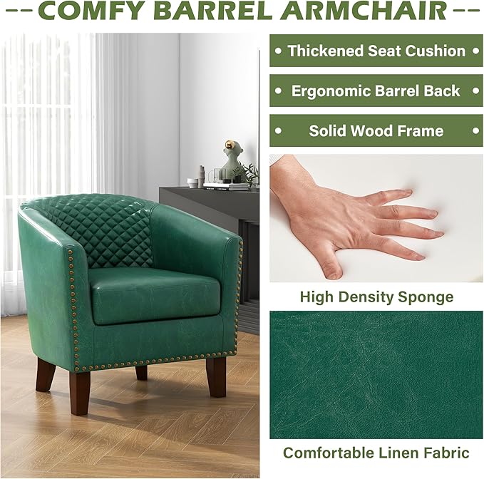 UIXE Faux Leather Barrel Accent Chairs Set of 4, Modern Club Upholstered Arm Chair, Comfy Armchair Nailed Trim Living Room Single Sofa Reading Seat Bedroom Side Sitting for Office, Green