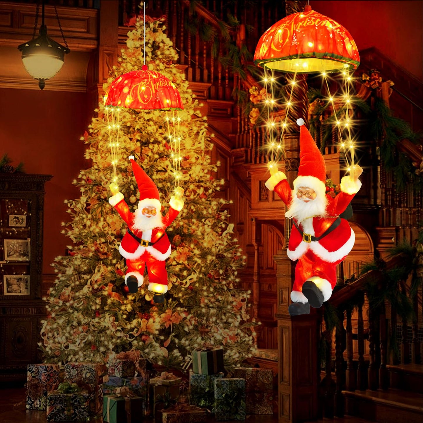 JNOEC Christmas Lights Outdoor Indoor, Santa Claus Parachute LED Lights, 8 Modes & Timer Christmas Decorations Lights Outside Inside for Window, Garden, Home, Porch, Xmas Tree Decor (Warm White) ﻿