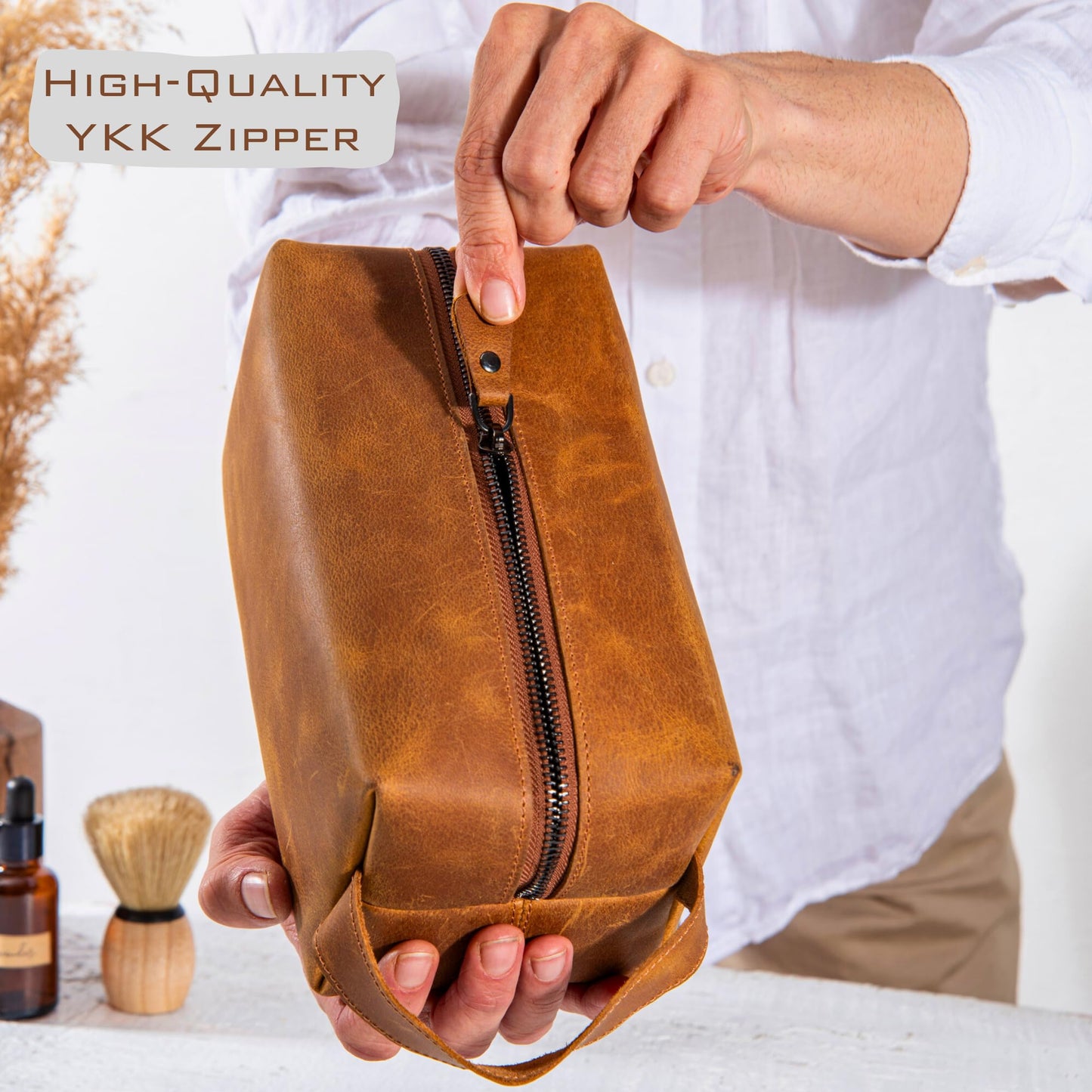 Personalized Leather Toiletry Bag for Men – Custom Engraved Shaving Dopp Kit with Name or Initial, Travel Gift for Groomsmen, Husband, Dad, Boyfriend, Birthday, Christmas, Anniversary, Gifts for Men