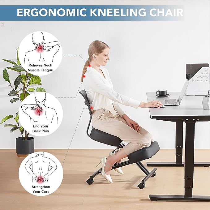 SOMEET Ergonomic Kneeling Chair with Back Support, Kneeling Desk Chair for Home Office with Brake and Gliding Casters, Adjustable Posture Chair with High Back for Desk to Relieve Back Pain, Black PU