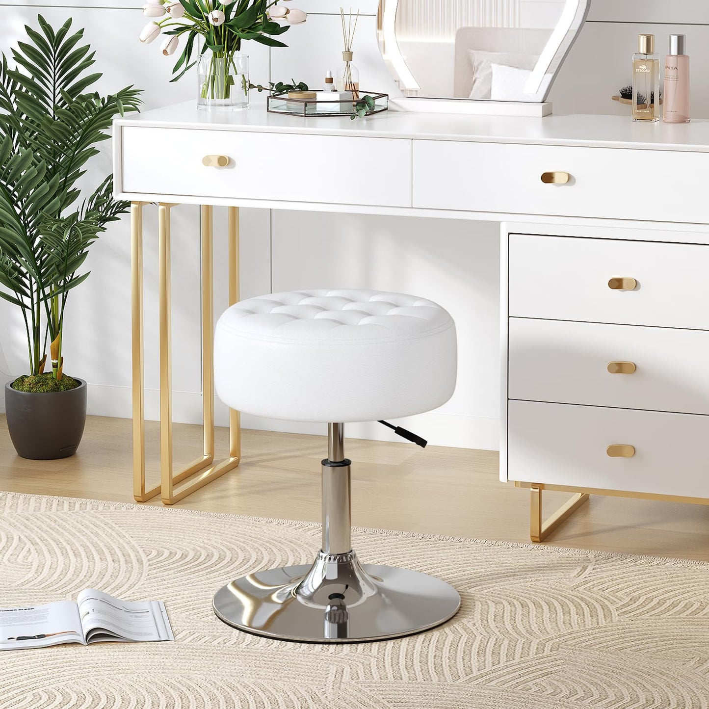 Furniliving Mid-Century Tufted Adjustable Swivel Makeup Ottoman Stool; Modern Big Size Round Vanity Stool Chair for Bedroom Living Room (White)