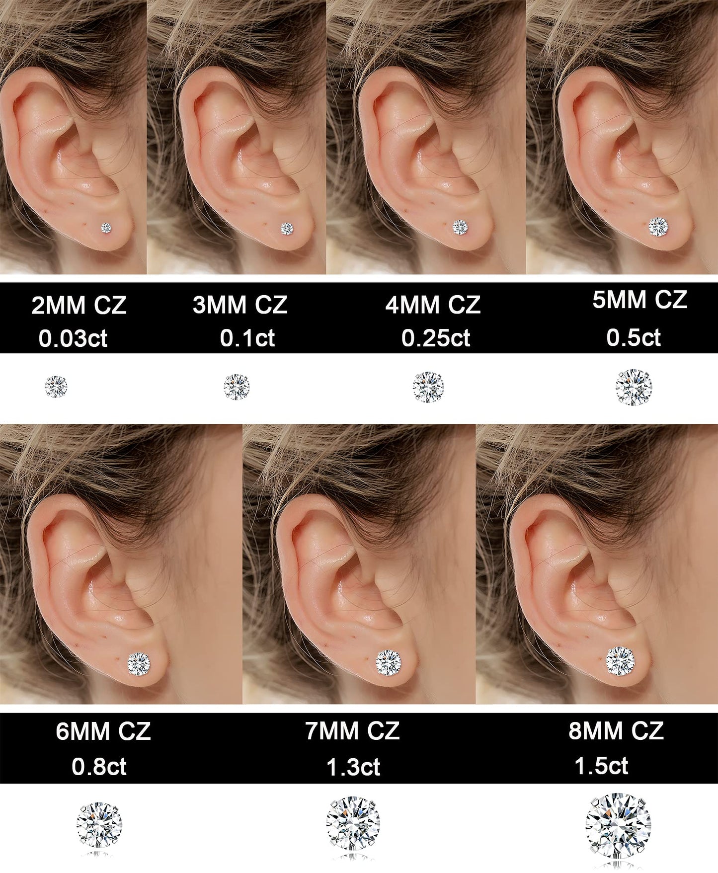 Tornito 7 Pairs 18G Stainless Steel Stud Earrings Round Cubic Zirconia Barbell Earring Set for Women Men 2MM-8MM Silver Tone