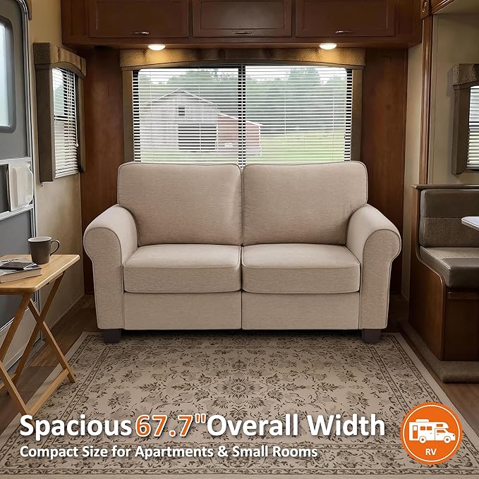 MCombo 67.7" Loveseat Sofa, 2-Seater Small Couch for Small Spaces, Classic Rolled Arm Upholstered Sofa with Solid Wood Legs for Living Room, Removable Cover, Chenille Fabric VE730 (Beige)