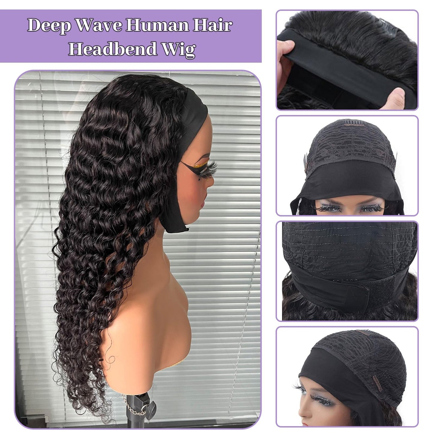 DSEKCAIN Deep Wave Headband Wig Human Hair 20 Inch 200 Density 100% Real Human Hair Deep Curly Headband Wig No Glue No Sew In Gl