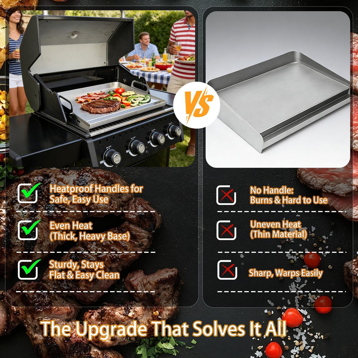 Universal Stainless Steel Griddle For Gas Grill And Gas Stove, 23” X 17” Flat Top Griddle With Handle For Weber, Nexgrill, Charbroils And Kenmore, Gas Griddle For Tailgating, Camping, And Party