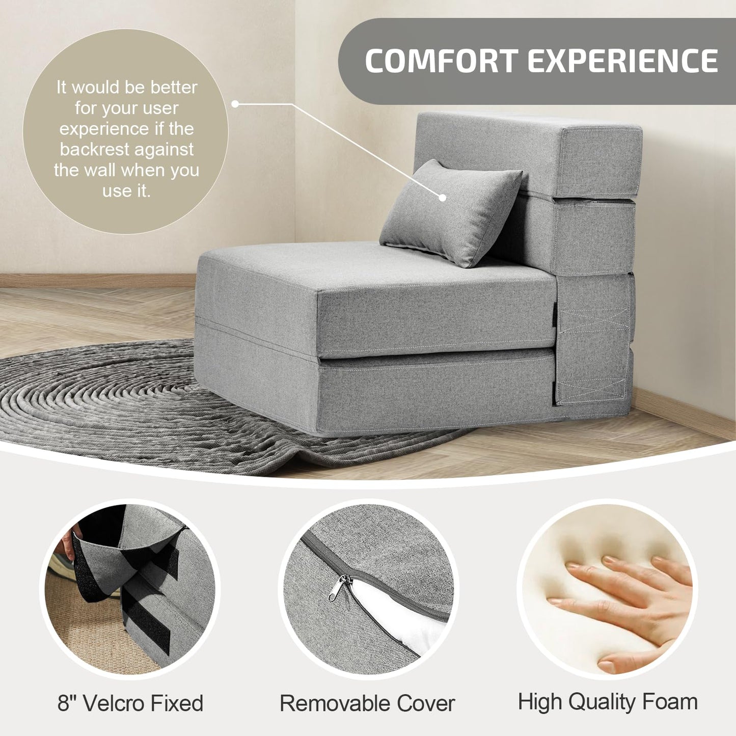 SUYOLS Folding Sofa Bed with Pillow- Convertible Chair Floor Couch & Sleeping Mattress, Foldable Memory Foam Sleeper for Living Room/Dorm/Guest Room/Home Office/Apartment/Loft, Single28, Light Gray