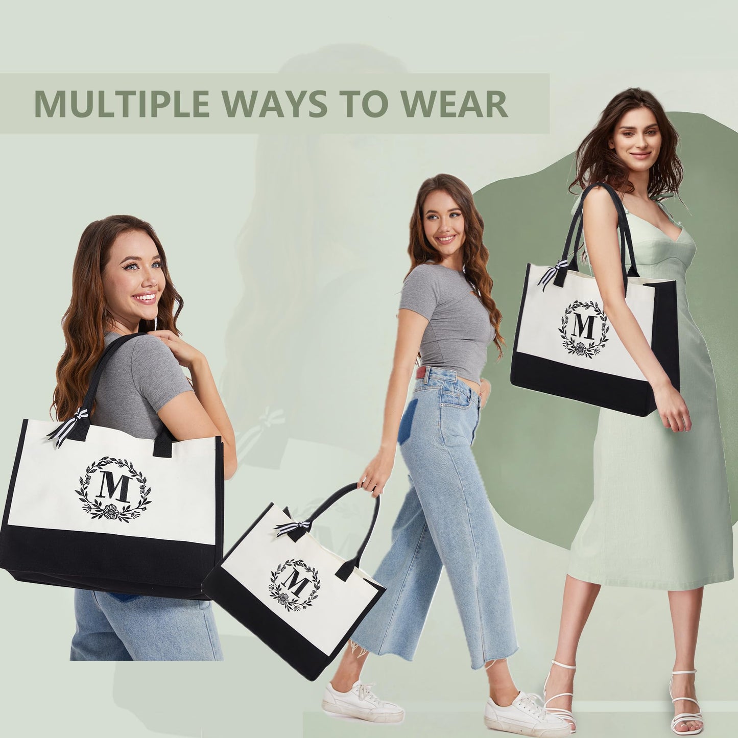 BeeGreen Embroidery Initial Canvas Tote Bag Monogram Personalized Gifts Bags for Birthday Beach Wedding Work Large Unique Baskets for Women, Teacher, Mom, Friend, Bride, Bridesmaids Sister Nurse M