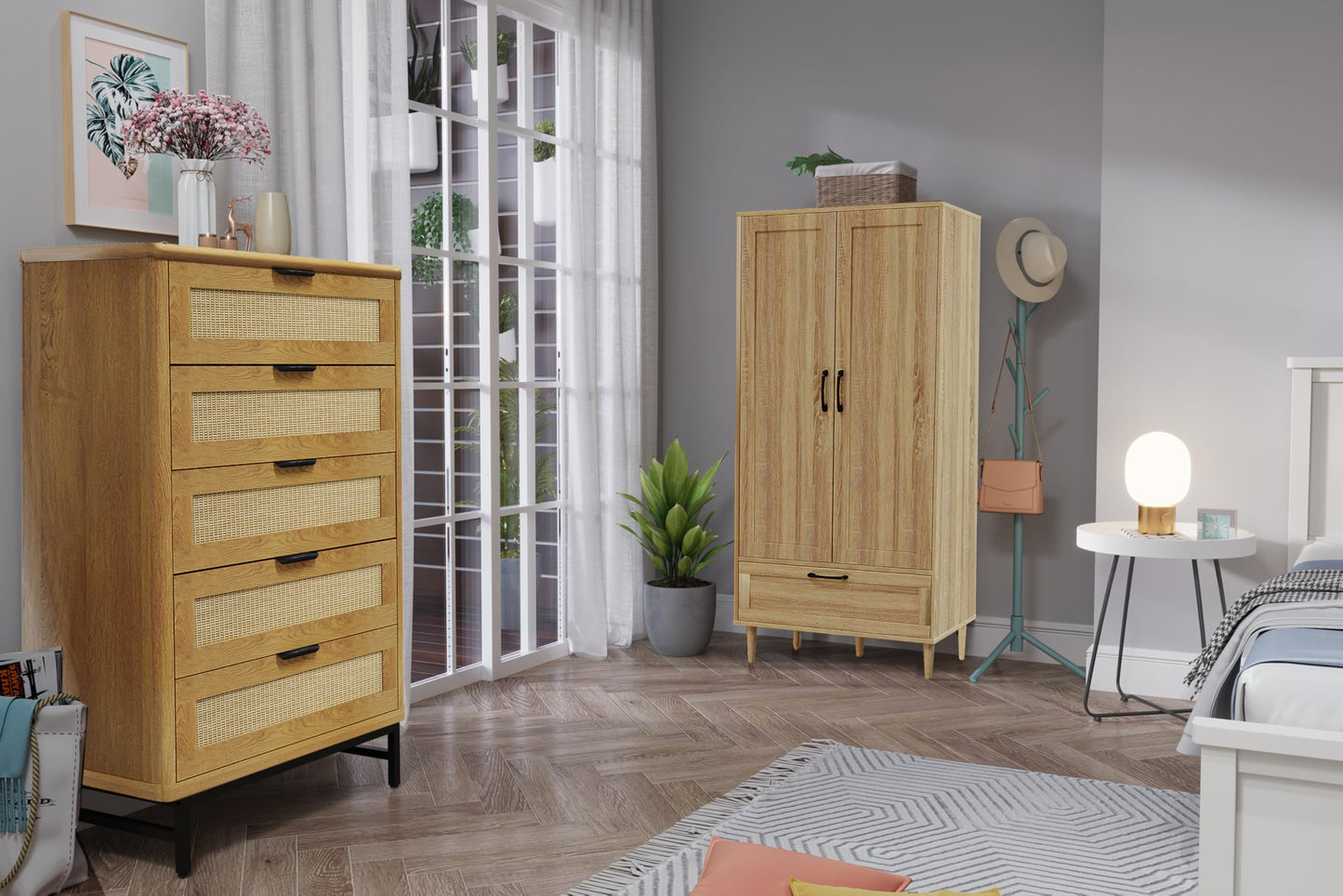 ALBSL 5-Drawer Dressers,Tall Dresser Vertical Storage Tower for Bedroom,Rattan Chest of Drawers Organizer Unit with 5 Drawers, Storage Cabinet for Hallway,Living Room and Entryway,Natural