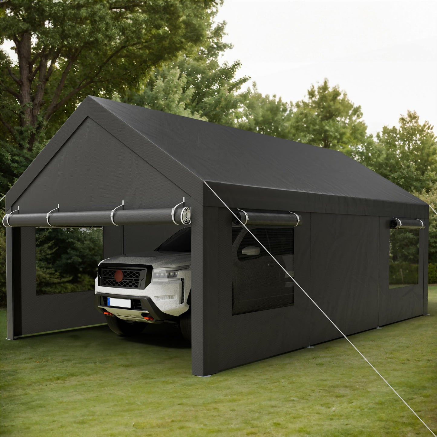 Shintenchi Carport 12' x 20' Heavy Duty Portable Garage, Carport Canopy with Side-Opening Door & Roll-Up Windows, Car Canopy for Truck,Car,Boat,Grey