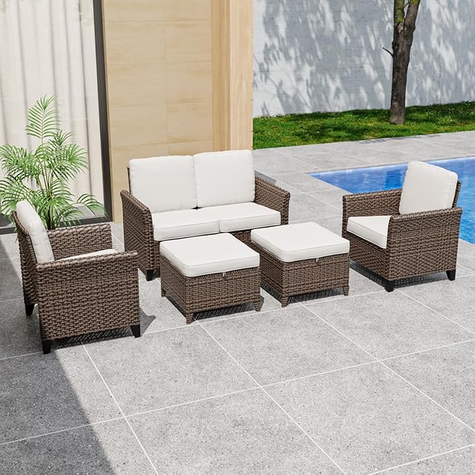 COOS BAY Harbor Retreat 5 Piece Outdoor Furniture Set, Patio Conversation Set with Patio Chairs, 2 Seat Loveseat and Ottomans, Wicker Furniture, Brown/Beige