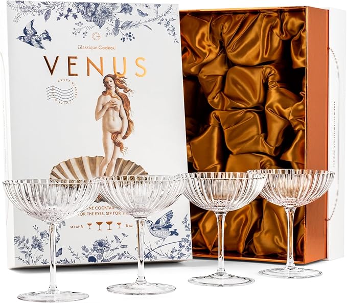 Venus Seashell Coupe Cocktail Glasses | Set of 4 | 8 oz Crystal Ribbed Champagne Saucers for Drinking P-Star and Espresso ...