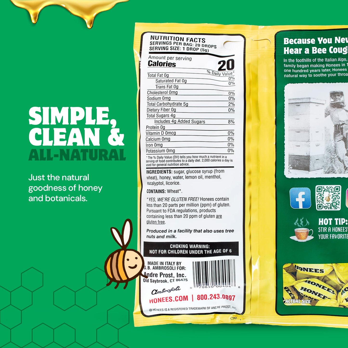 Honees Filled Honey Lemon Cough Drops- Filled with Honey, Menthol, Lemon and Eucalyptus - Nothing Artificial -Natural Sore Throat Lozenges- Non-GMO (12 Pack – 240 Drops)