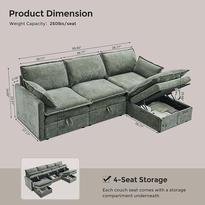 85.83" Sectional Couches for Living Room, Cloud Couch Sectional with Large Storage Ottoman, L-Shape Modular Sectional Sofa with 5 Seater Chenille Sofa and Pillow for Apartment, Bedroom, Green