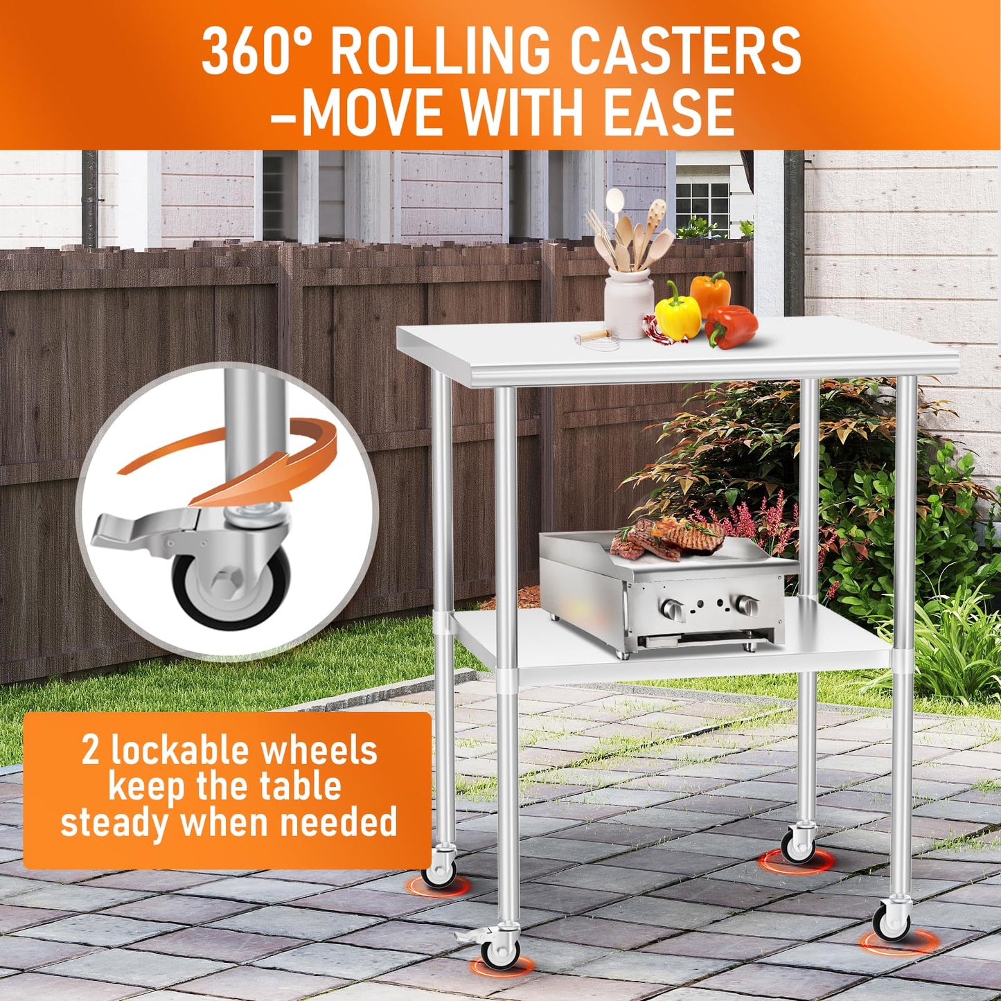HOCCOT Stainless Steel Table with Wheels 24" x 30" Utility Worktable with Adjustable Undershelf for Commercial Kitchen, Garage, Restaurant